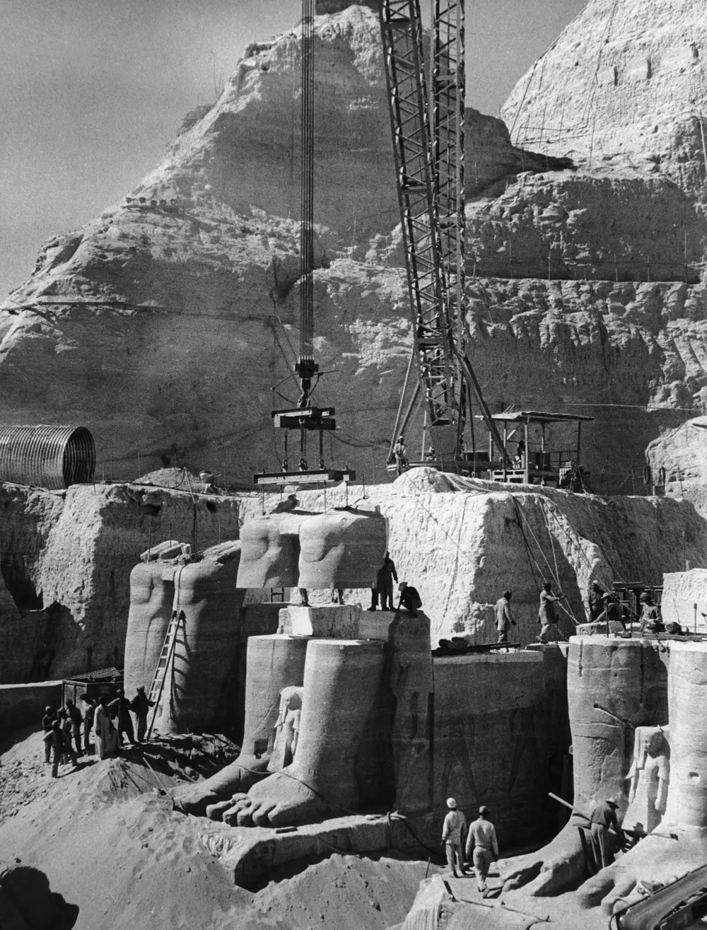 Historic photograph showing the dismantling of statues at Abu Simbel